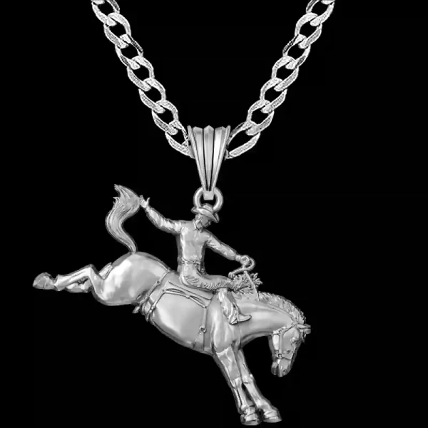 Our Saddle Bronc Rider Pendant crafted in Solid Sterling Silver are the perfect luxurious gift and a bold eye-catching addition to any wardrobe.